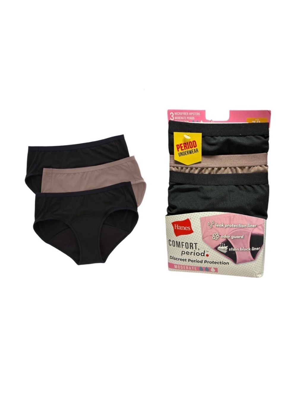 Hanes Period Underwear 3-Pack Black and Taupe Microfiber Hipsters